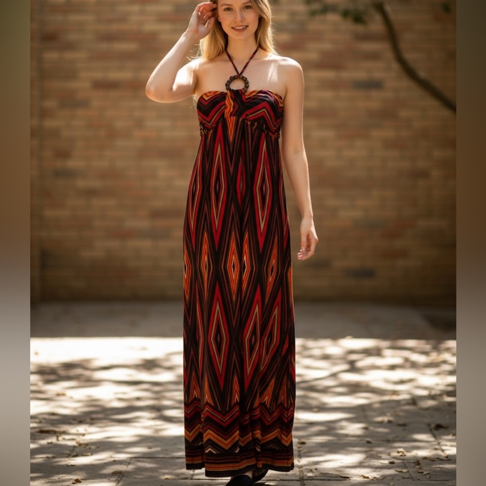 Valerie Bertinelli Strapless Geometric Maxi Dress
